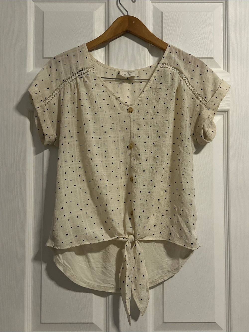 Light Cream Polka Dot Tie-Front Top